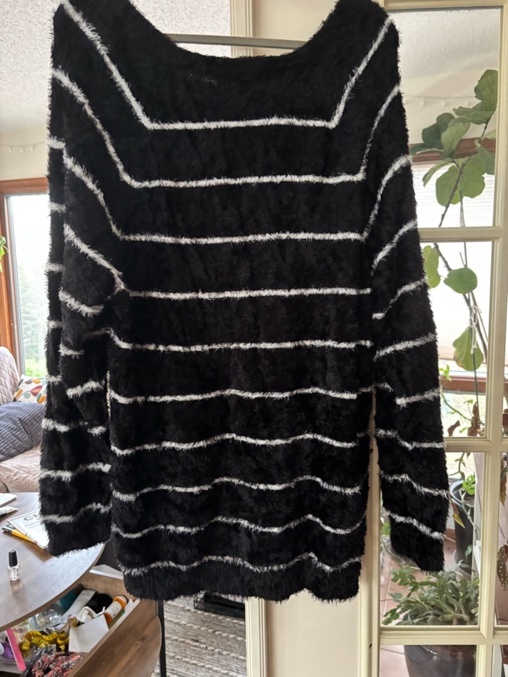 torrid Black & White Fuzzy Striped Scoop Neck Sweater